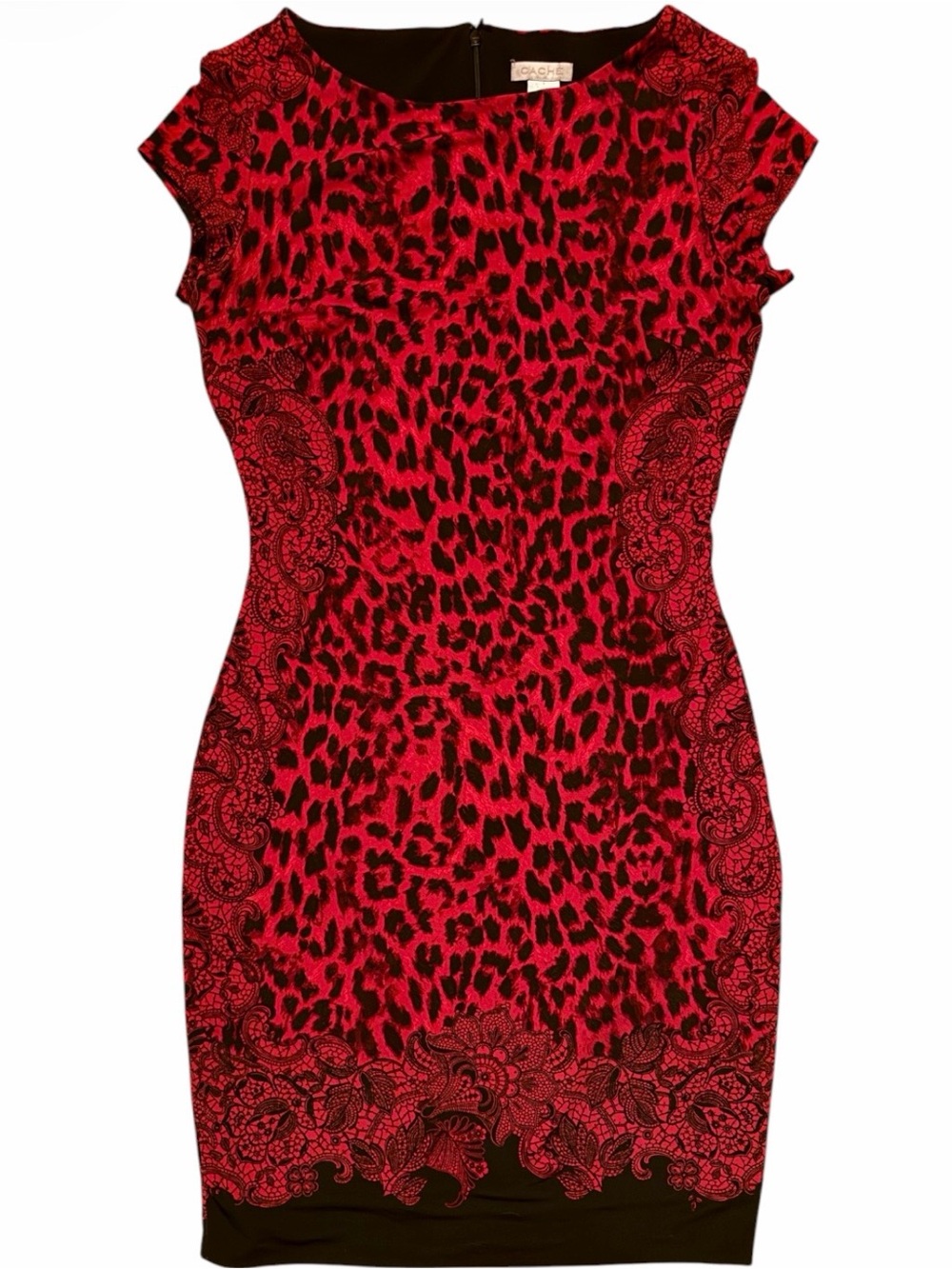 Vintage Y2K Caché Red & Black Leopard Print Short Sleeve Sheath Dress Size: S